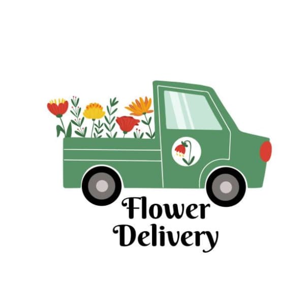 Green flower delivery truck with colorful flowers and text