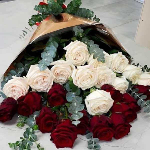 Long bouquet of red and cream roses wrapped in brown paper with eucalyptus accents
