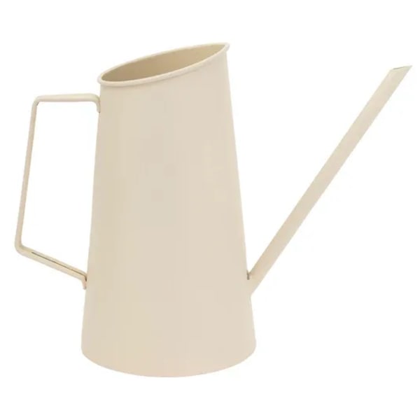 Beige metal watering can with a long spout
