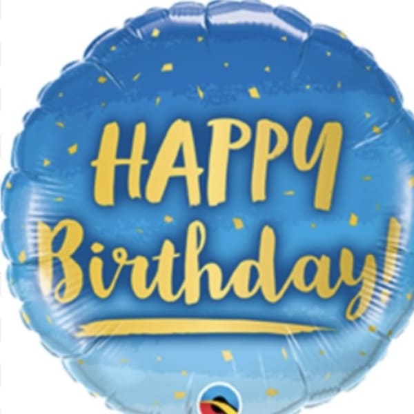 Blue birthday balloon with yellow "Happy Birthday" text