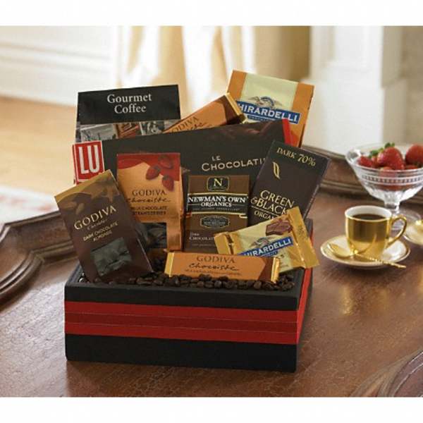 Assorted chocolates in a gift box on a table