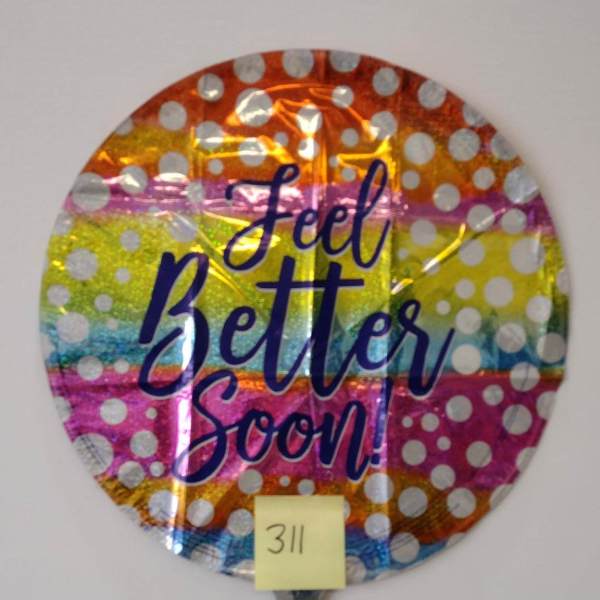 Round foil balloon with "Feel Better Soon" text and polka dots
