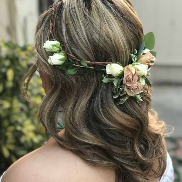 Floral hair wreath with white and blush roses on braided twine