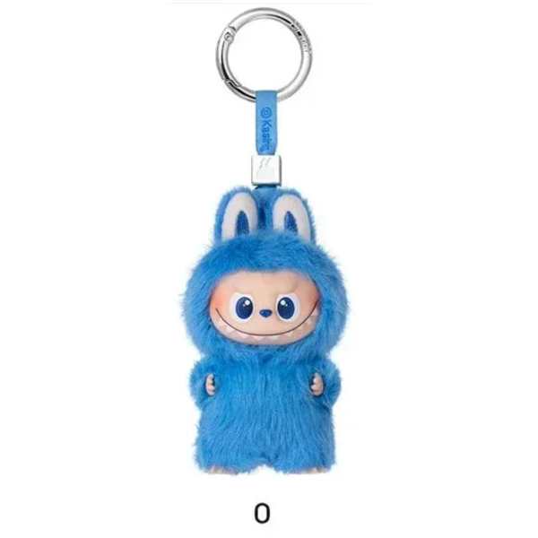 Blue plush character keychain with a metal ring