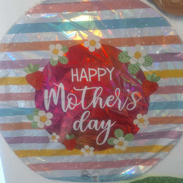 Round foil balloon with "Happy Mother's Day" text and strawberry and flower prints