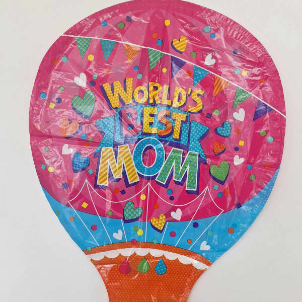 Pink balloon with "World's Best Mom" text and colorful hearts