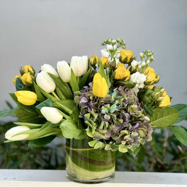 Low glass vase of yellow and white tulips, yellow spray roses, stock, and hydrangea blooms.