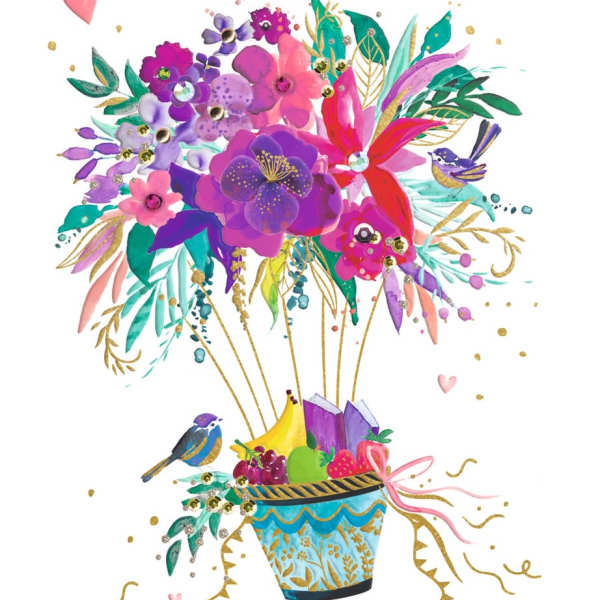 Colorful get well greeting card with a bright painted flower bouquet, birds, and gifts in a blue patterned pot.