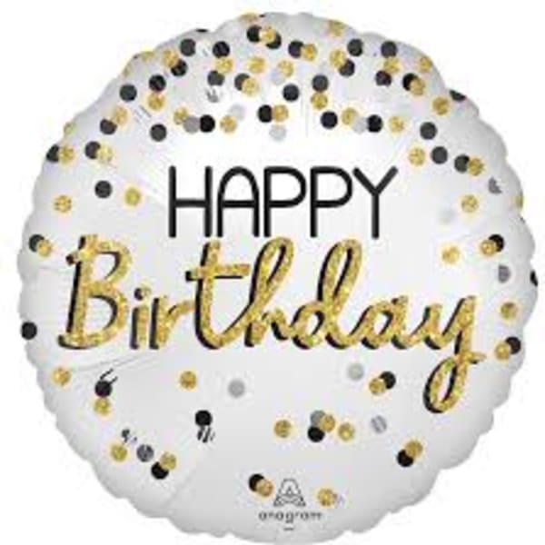 Round white birthday balloon with gold and black confetti text
