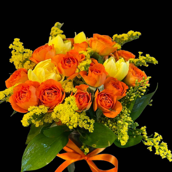 Orange and yellow rose bouquet tied with an orange ribbon