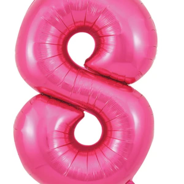 Pink number 8 foil balloon on a white background