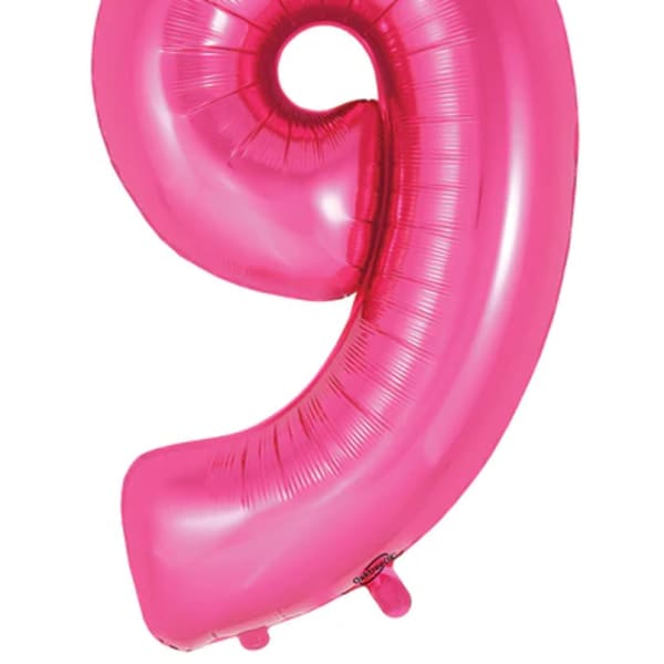 Pink number 9 foil balloon on a white background