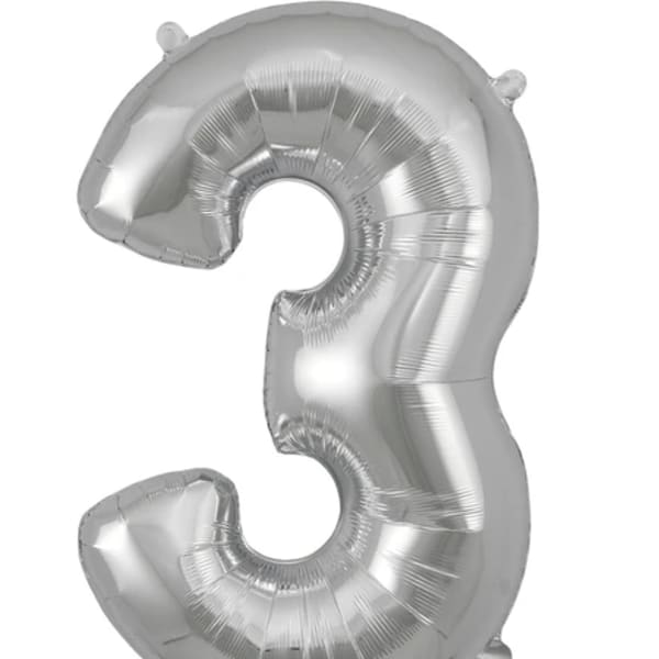 Silver number 3 foil balloon on a white background