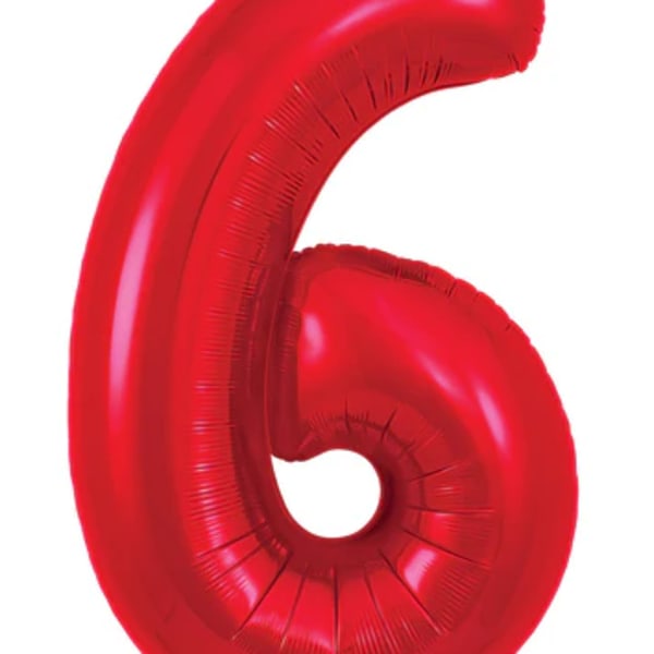 Red foil balloon shaped like the number 6