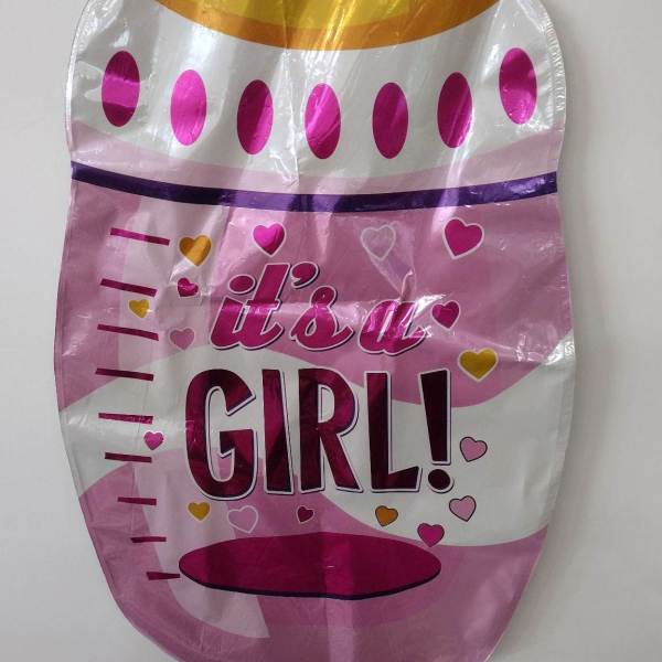 Pink and gold foil balloon reading "it's a GIRL!"