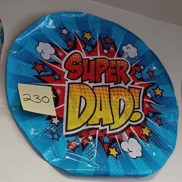 Round blue balloon with "Super Dad!" text and comic-style stars