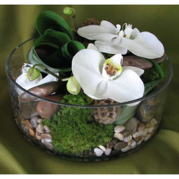 White orchids arranged in a glass bowl with moss and pebbles