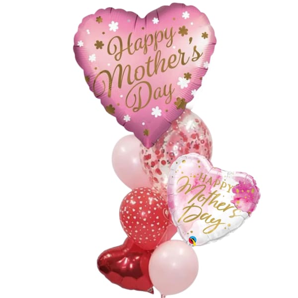 Mother's Day balloon bouquet in pink and red heart shapes
