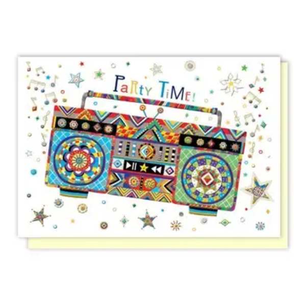 Party-themed greeting card with colorful boombox artwork and confetti stars