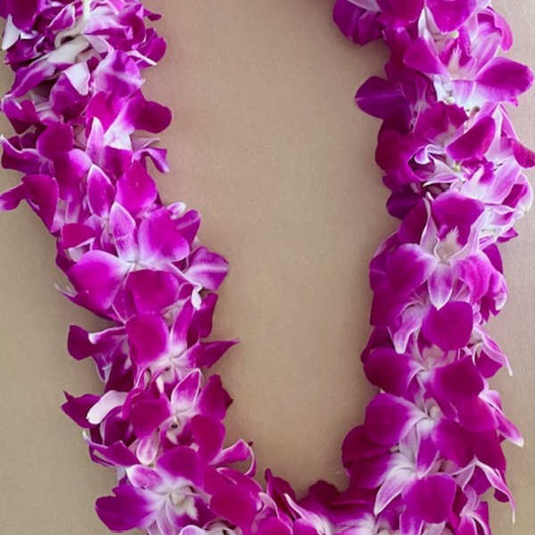 Purple and white orchid lei on a neutral background