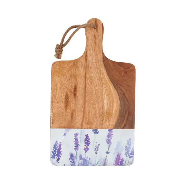 Wooden cutting board with a lavender floral print at the bottom