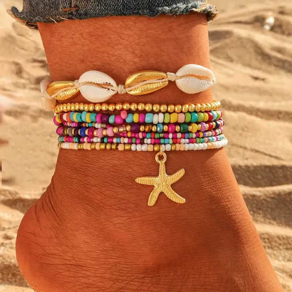 6PCS - Starfish Charm Accented Conch Shell Seed Beaded Multi Layered Anklets