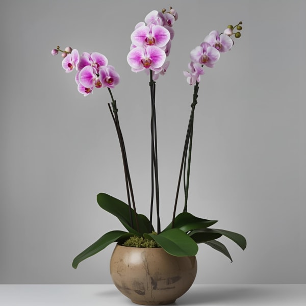Pink orchid plant in a round beige pot