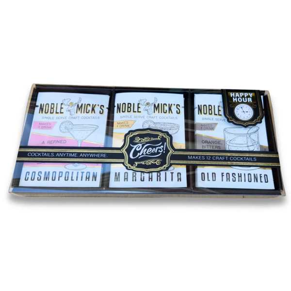 Boxed set of cocktail mix packets labeled Cosmopolitan, Margarita, and Old Fashioned
