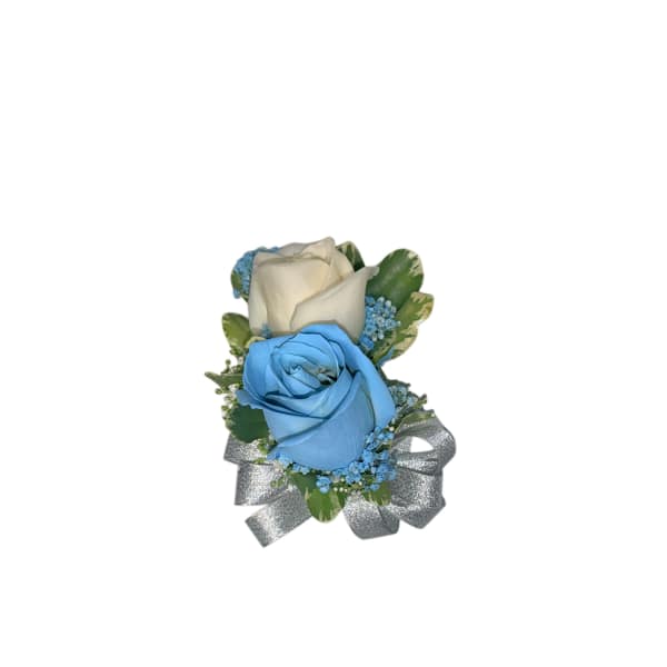 Corsage, blue and white rose