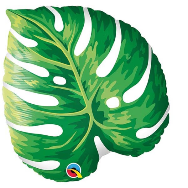 Green tropical leaf-shaped foil balloon with white cutout details