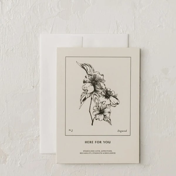 Botanical greeting card with a dogwood flower illustration