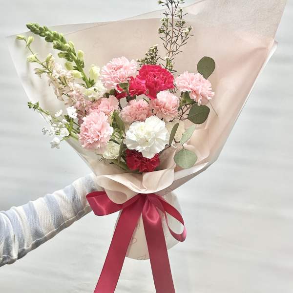 Hand-tied bouquet of pink and white carnations with a ribbon
