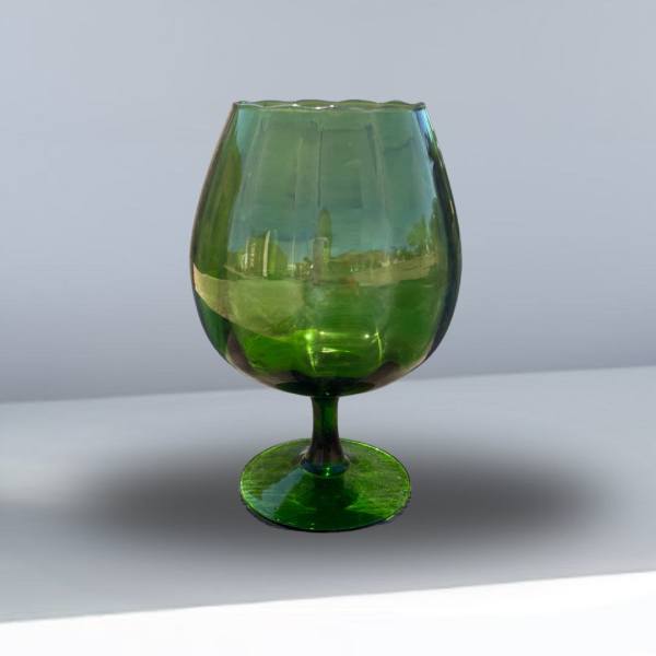 Vintage crystal green glass brandy snifter shape vase, flower bowl