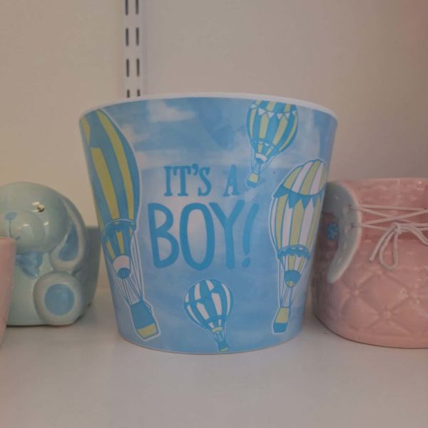 Blue baby gift bucket with hot air balloons and "It's a Boy!" text