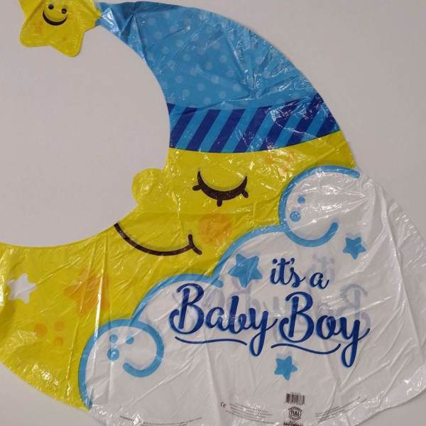 Moon-shaped baby boy balloon with a smiling face and blue hat