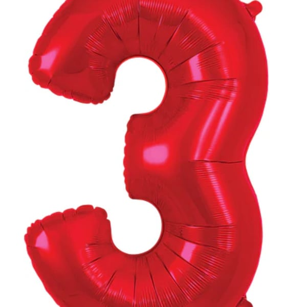 Red foil balloon shaped like the number 3
