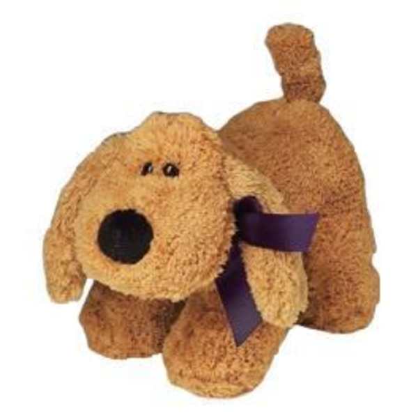 Small brown plush dog with a black nose and purple ribbon