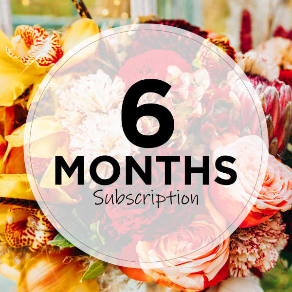 Promotional graphic for a 6-month flower subscription over a floral collage