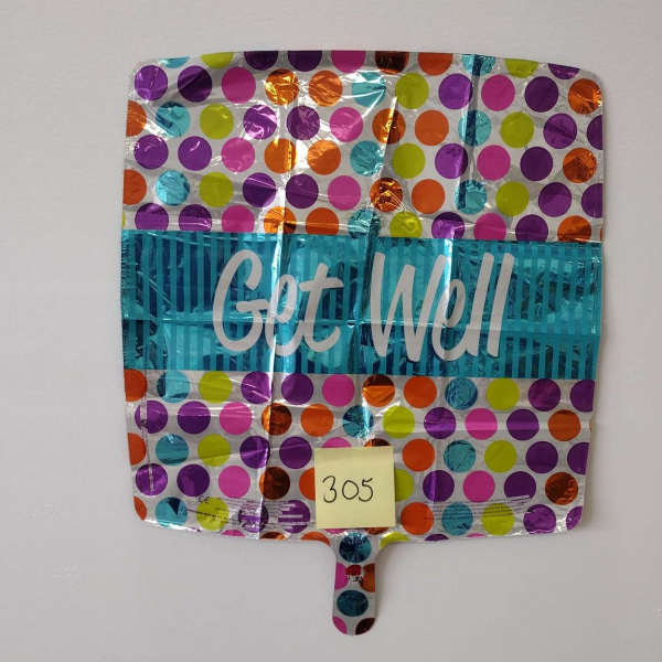 Colorful polka-dot foil balloon with "Get Well" text