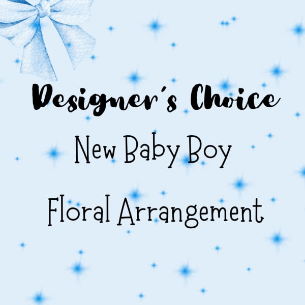Blue baby-themed graphic with a bow and the words Designer's Choice New Baby Boy Floral Arrangement