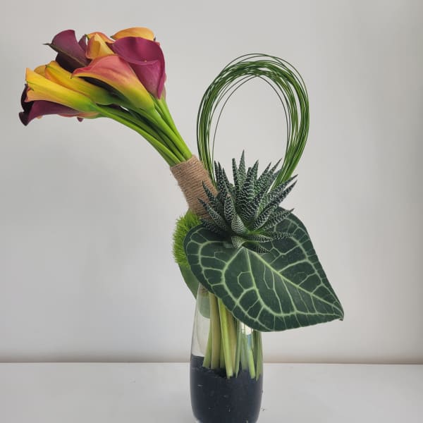 Calla lilies in a glass vase with a looped green accent and succulent foliage