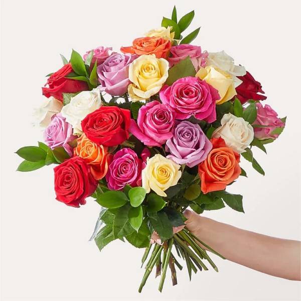 Hand-tied bouquet of multicolored roses in bright mixed hues