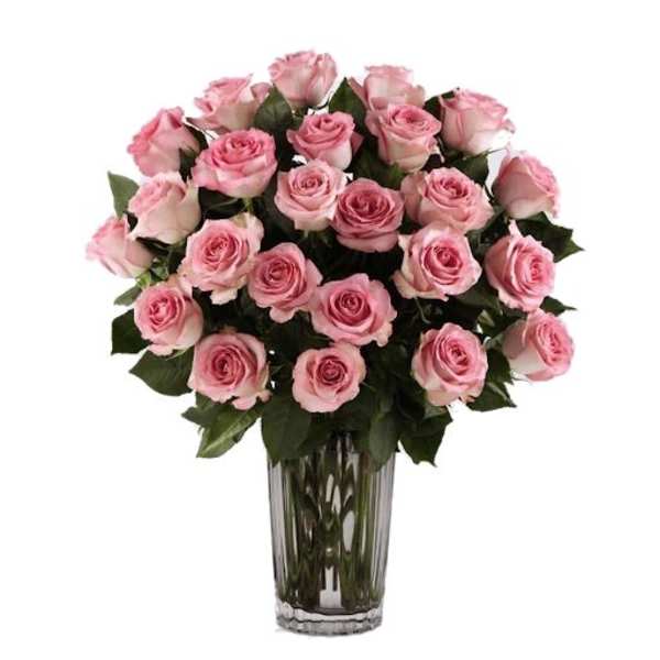 Pink roses arranged in a clear glass vase