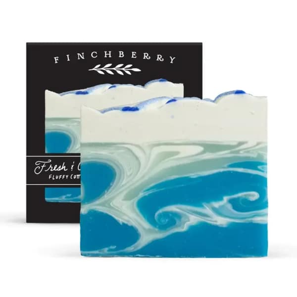 Two blue and white marbled soap bars in a FinchBerry box