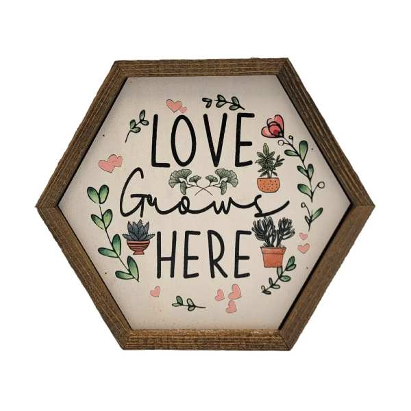 Hexagonal wall sign reading "Love Grows Here" with plant and heart illustrations