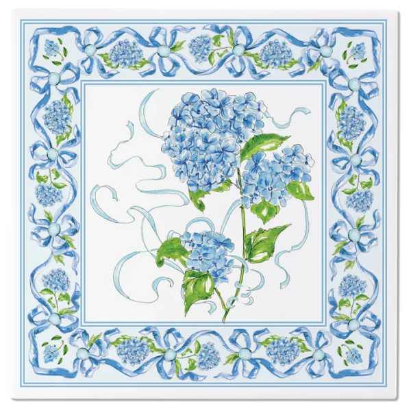 Blue hydrangea floral print with ribbon border