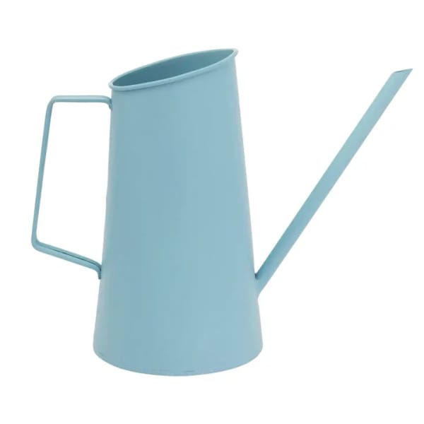 Light blue metal watering can with a handle and long spout
