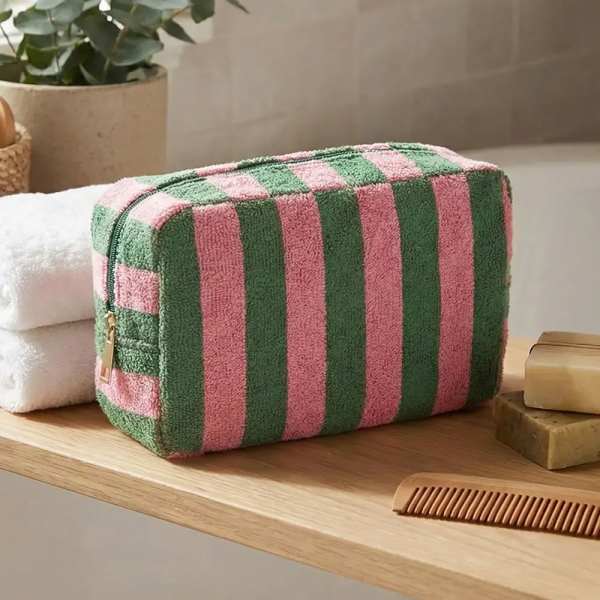 Striped Terry Cloth Cosmetic Pouch Bag