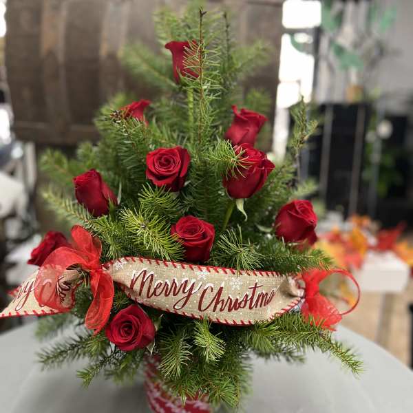 Red roses arranged with evergreen branches and a Merry Christmas ribbon