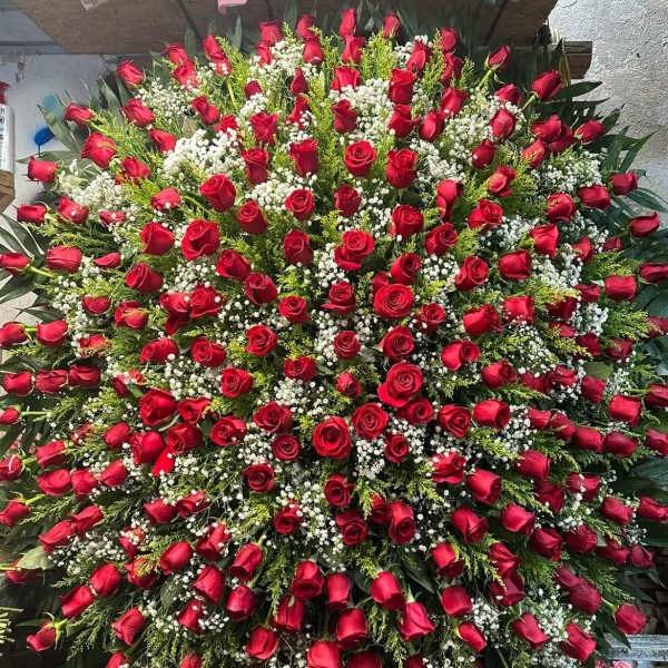 Large standing spray of red roses with white filler flowers